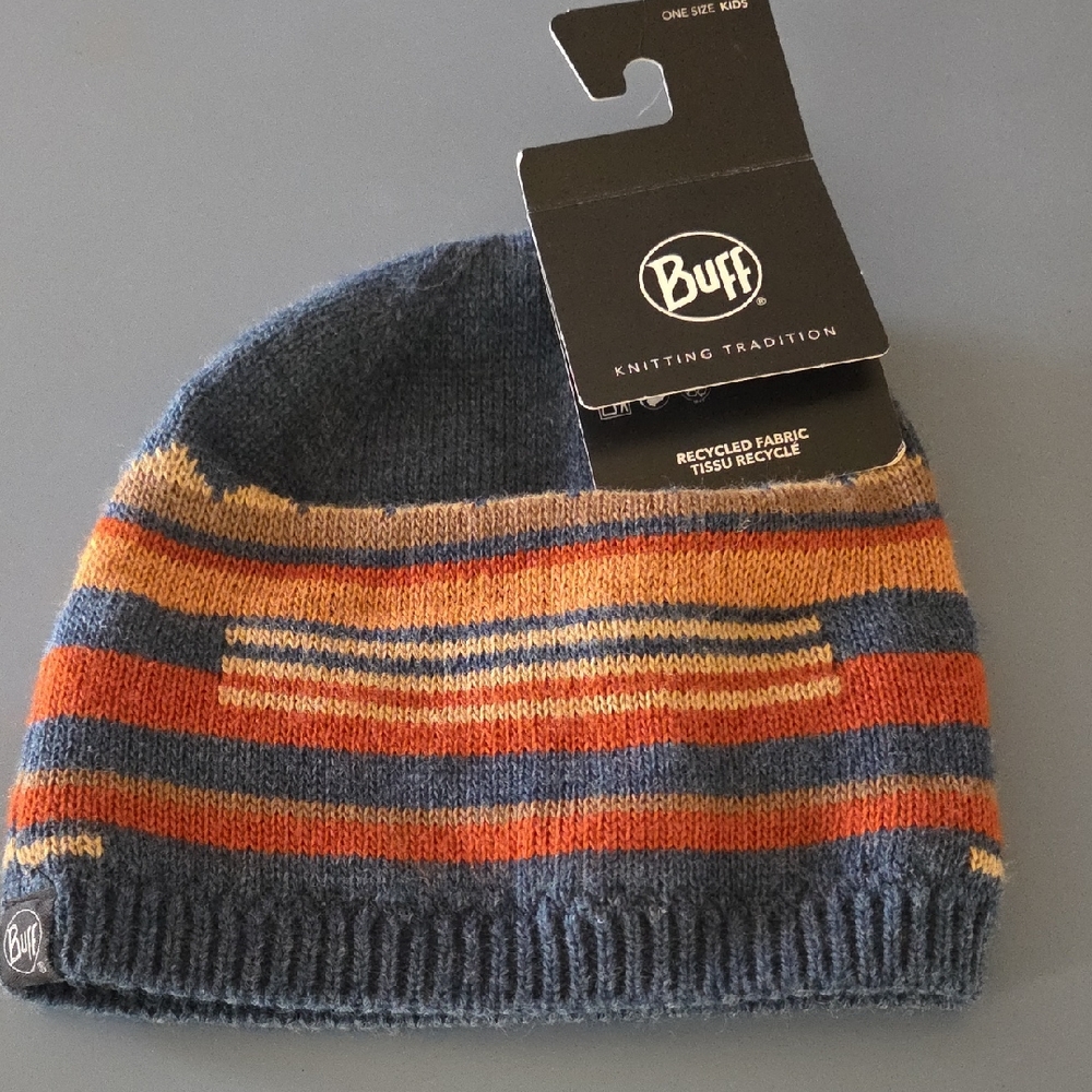 Buff Kids Striped Knit Beanie in Navy, Orange & Tan